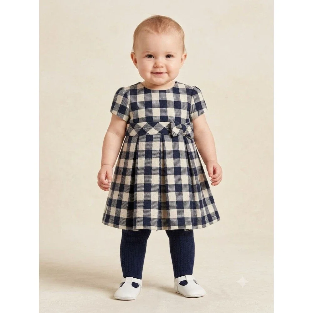 NWT Abel & Lula Luxury Navy Plaid Lurex Bow Holiday Dress 12M